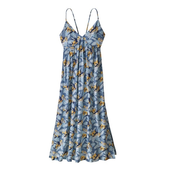 Patagonia Pataloha Strappy Maxi Dress L Blue Yellow Bird Floral Pockets Vacation - Picture 4 of 14